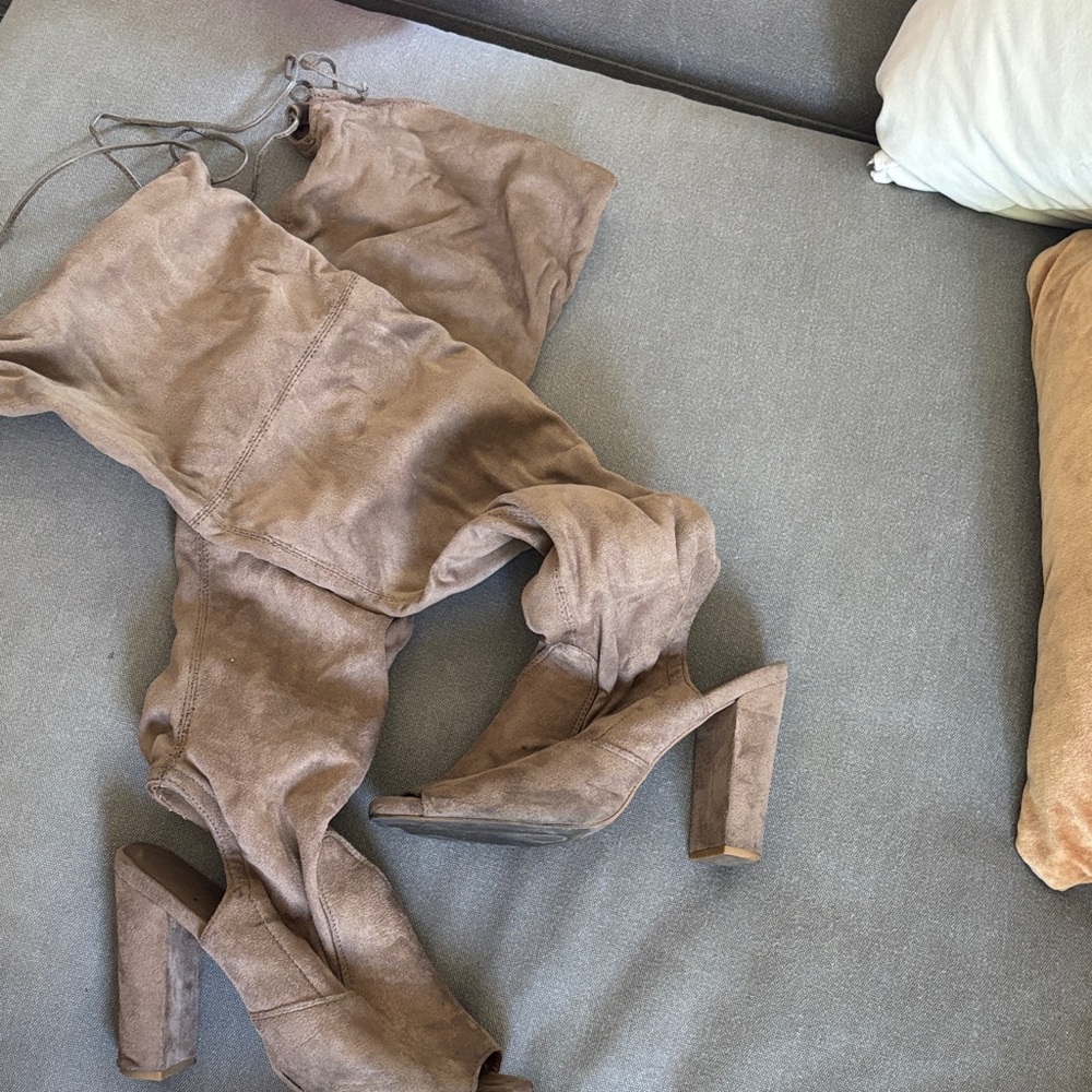 Thigh High Faux Suede Open Toe Boots